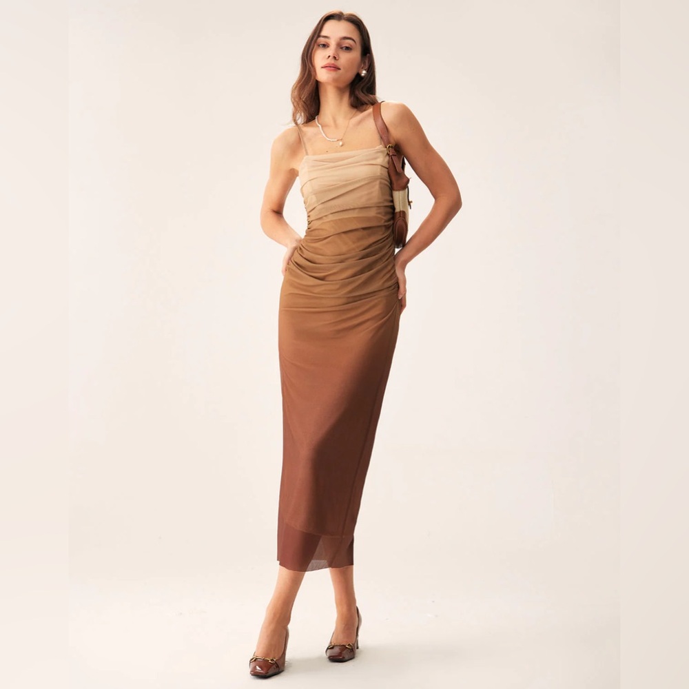 Commense Brown Ruched Mesh Slip Midi Dress